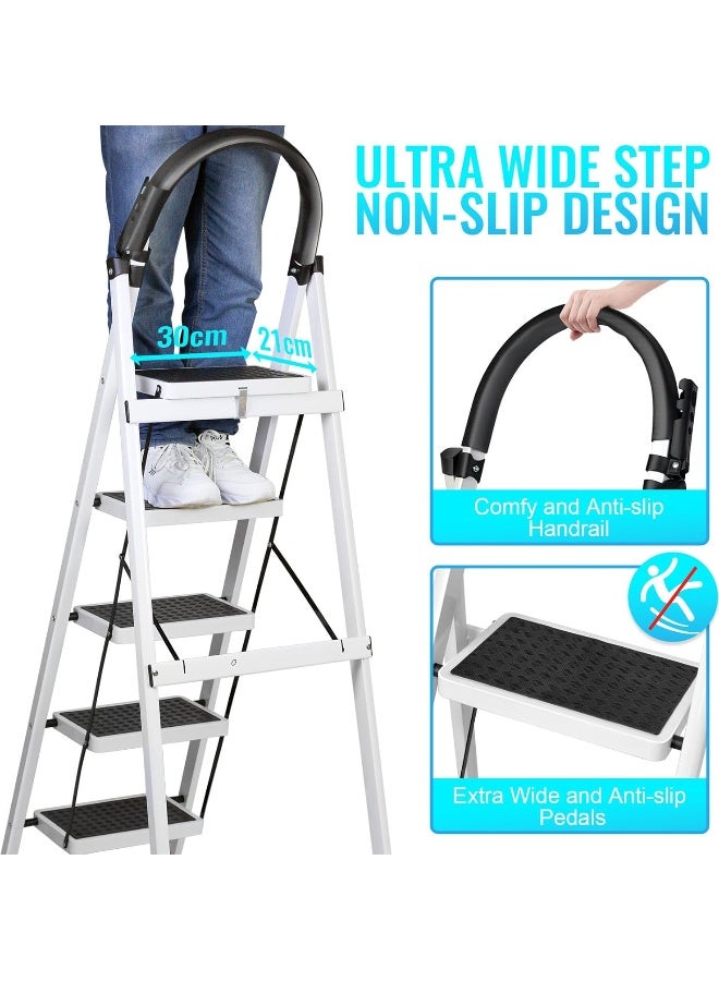 SKY-TOUCH Foldable Ladder 5 Steps, Home Ladder Folding Step Stool with Wide Anti-Slip Pedal, Adults Folding Sturdy Steel Ladder for Home, Kitchen, Garden, Office  - Image 2