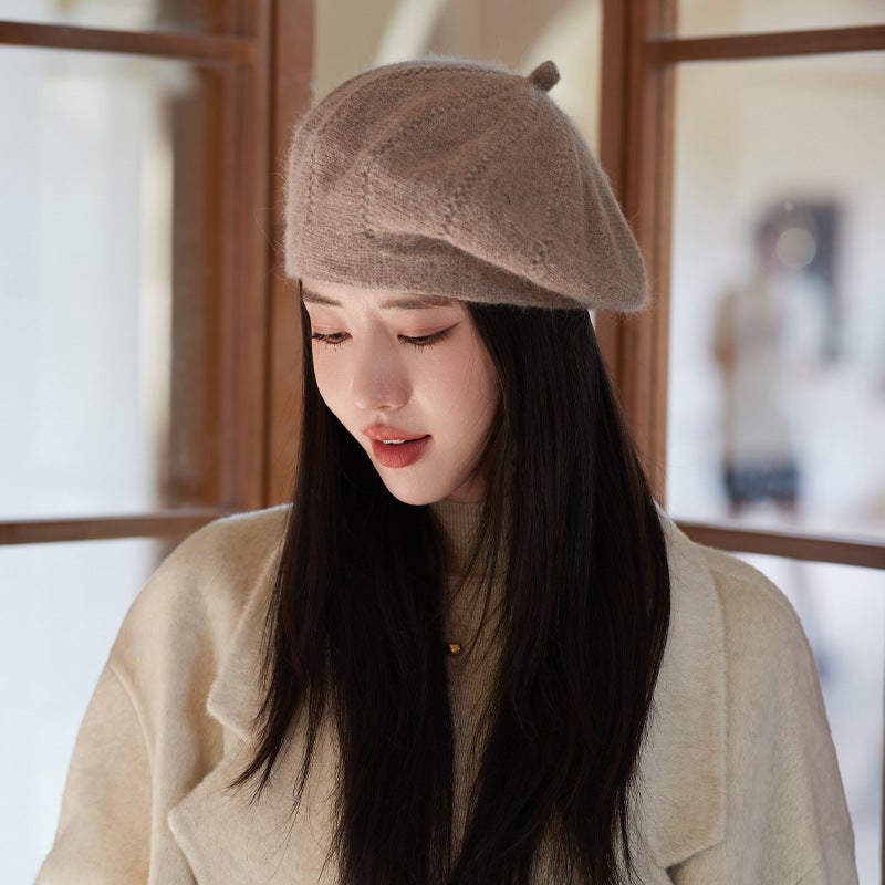 Hat Womens Autumn and Winter Rabbit Fur Beret Solid Color All-match Knitted Wool Hat Winter Warm Painter Hat Bud Hat Trendy MM1164 Khakis - Image 1