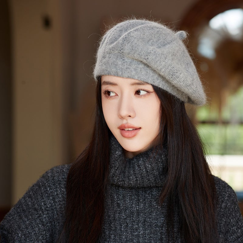 Hat Womens Autumn and Winter Rabbit Fur Beret Solid Color All-match Knitted Wool Hat Winter Warm Painter Hat Bud Hat Trendy MM1164 Khakis - Image 2
