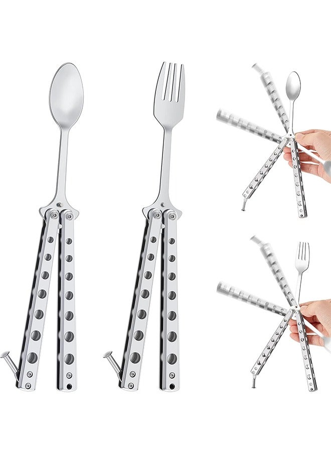2Pcs Butterfly Fork and Spoon Set, Tactical Folding Stainless Steel Butterfly Fork for Travel Camping Hunting BBQ Kitchen (Silver) - Image 1