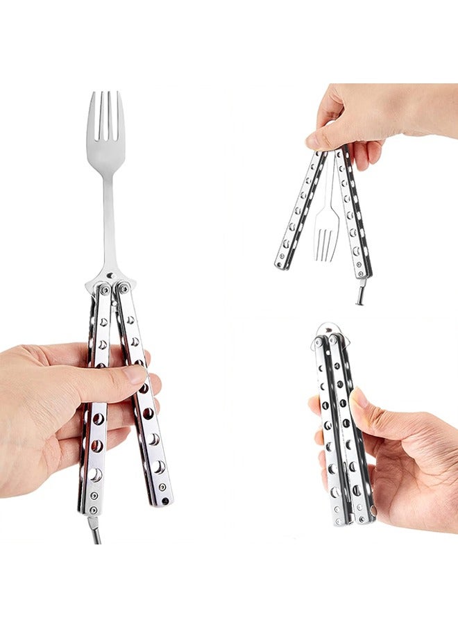 2Pcs Butterfly Fork and Spoon Set, Tactical Folding Stainless Steel Butterfly Fork for Travel Camping Hunting BBQ Kitchen (Silver) - Image 3
