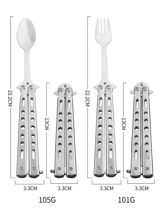 2Pcs Butterfly Fork and Spoon Set, Tactical Folding Stainless Steel Butterfly Fork for Travel Camping Hunting BBQ Kitchen (Silver) - Image 2