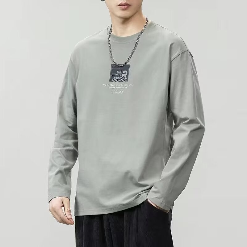 Long-Sleeved T-Shirt Men'S Autumn Round Neck Printed Trendy Brand Loose All-Match Stretch T-Shirt Top - Image 1