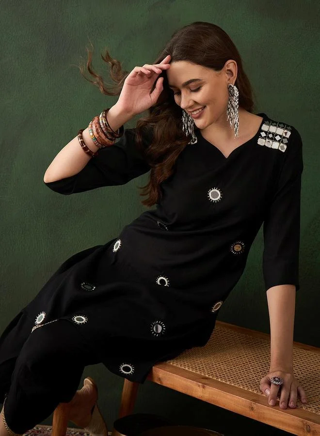 ISHIN Women's Black Viscose Silk Embellished Tunic Top With Ankle Dhoti Straight 2 Peice Kurta Set