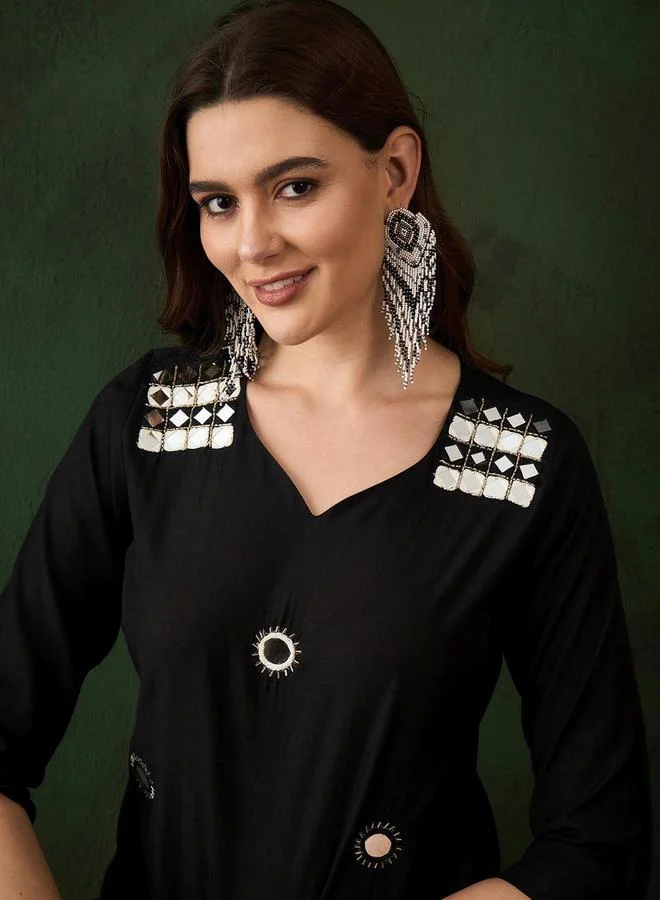 ISHIN Women's Black Viscose Silk Embellished Tunic Top With Ankle Dhoti Straight 2 Peice Kurta Set