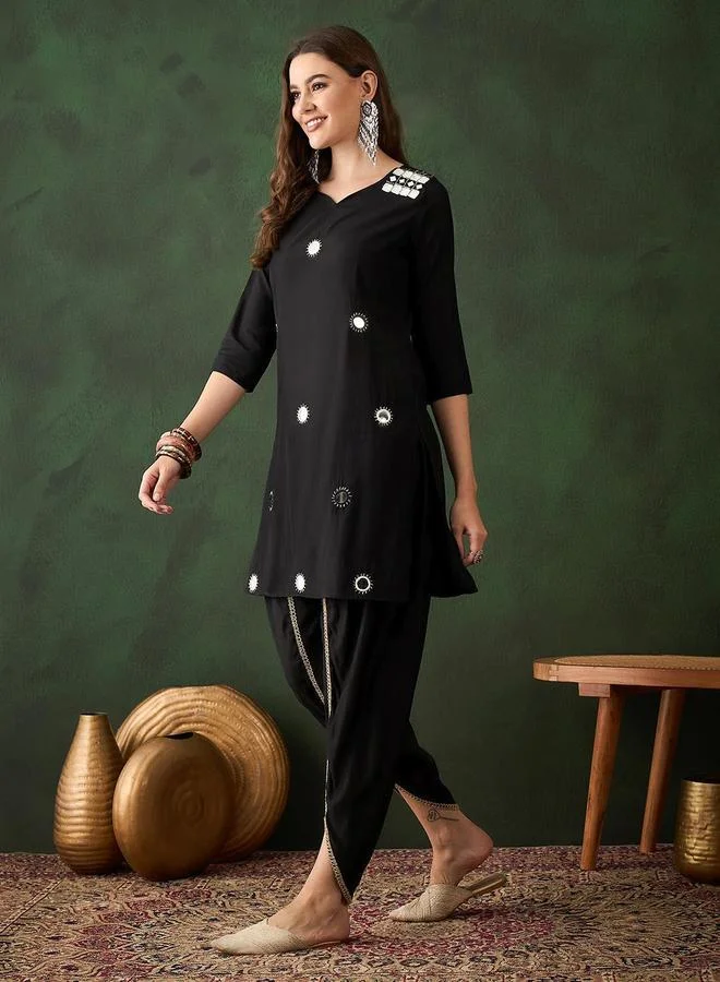 ISHIN Women's Black Viscose Silk Embellished Tunic Top With Ankle Dhoti Straight 2 Peice Kurta Set