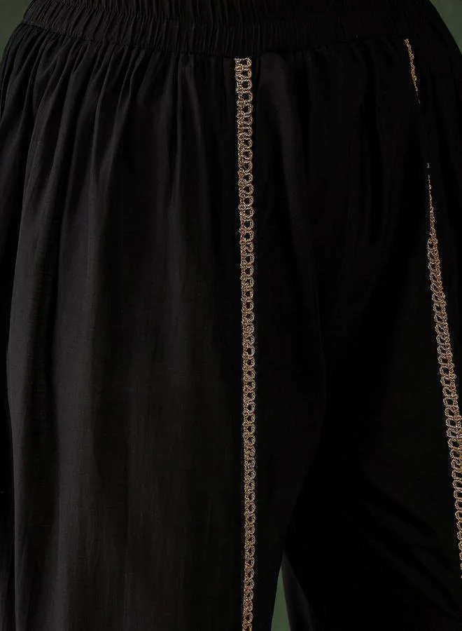 ISHIN Women's Black Viscose Silk Embellished Tunic Top With Ankle Dhoti Straight 2 Peice Kurta Set