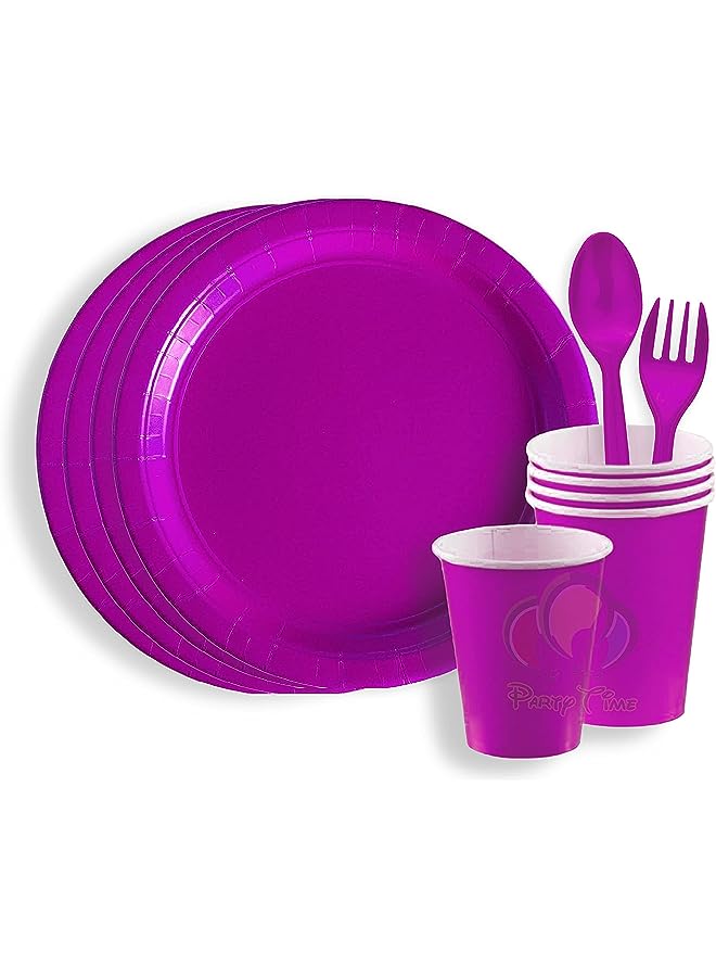 Party Time TIME - 24 Pieces Party Supplies Tableware Set Includes 6 - 9" Paper Dinner Plates 6 - 9 Oz Cups, 6 - 6" Spoon and 6 - 6" Forks for Plain Color Theme Disposable Birthday Dinnerware (Purple) - Image 1