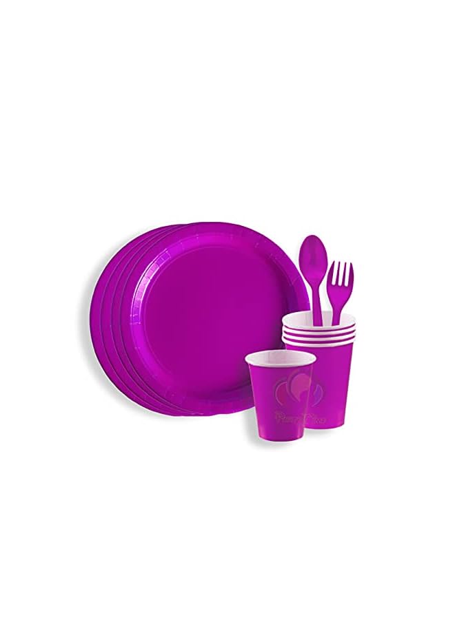 Party Time TIME - 24 Pieces Party Supplies Tableware Set Includes 6 - 9" Paper Dinner Plates 6 - 9 Oz Cups, 6 - 6" Spoon and 6 - 6" Forks for Plain Color Theme Disposable Birthday Dinnerware (Purple) - Image 4