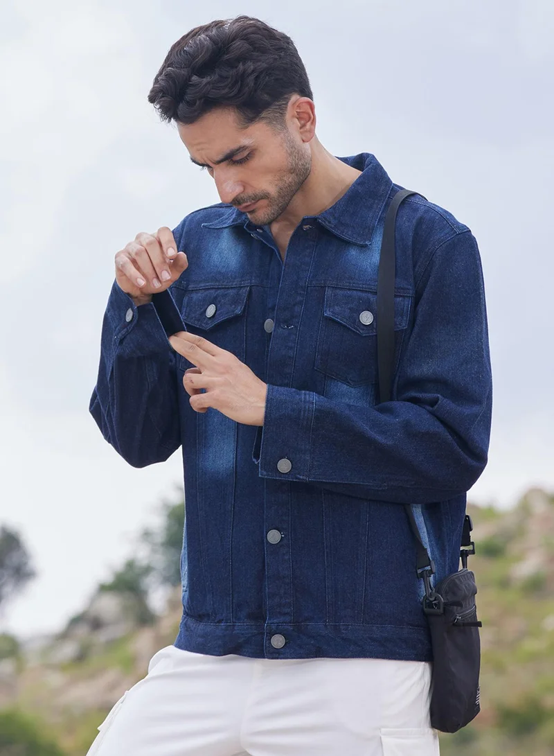 Men's Navy Blue Dark-Wash Denim Jacket With Button-Closure