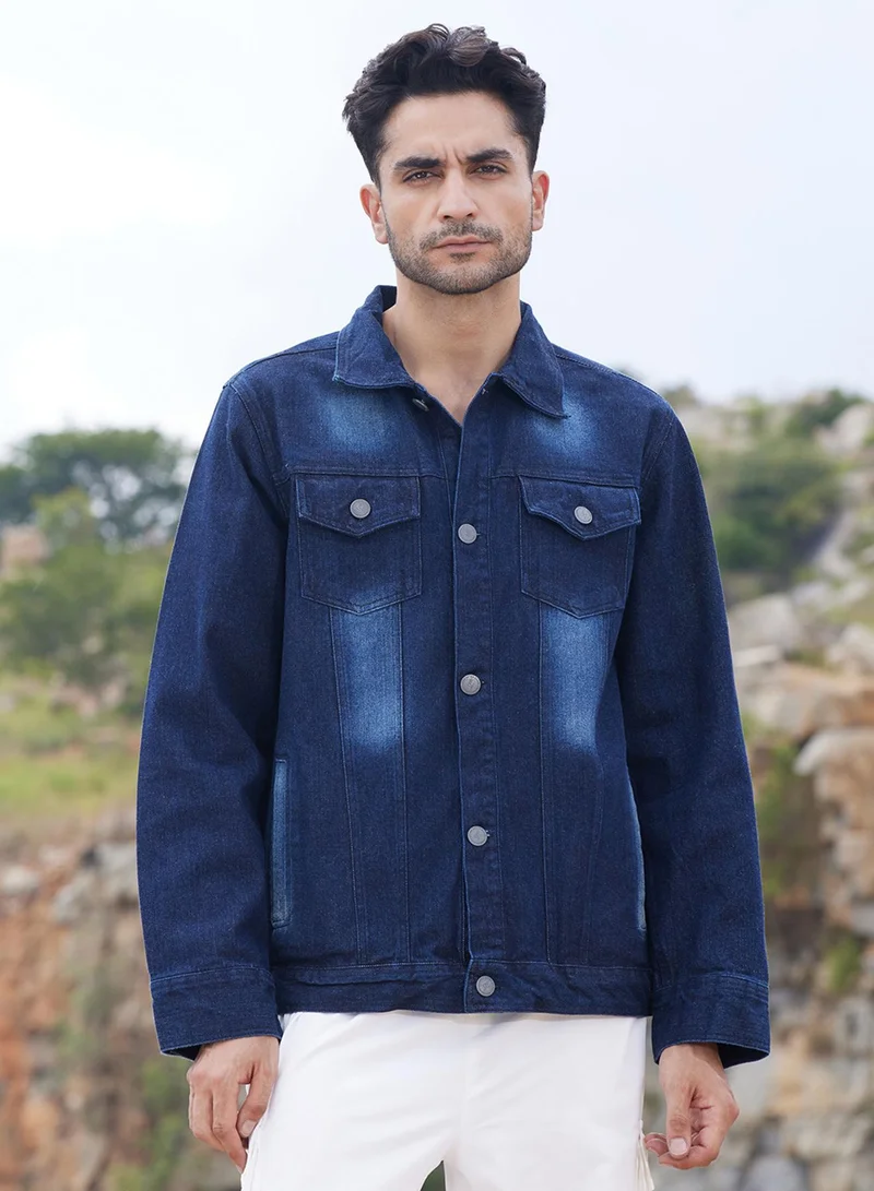 CAHOOT  Men's Navy Blue Dark-Wash Denim Jacket With Button-Closure for Men | Best Price UAE