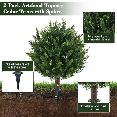 Chillchard 21" Artificial Cypress Topiary Outdoor Plants with Spike, 2 Pack Faux Cedar Bushes UV Resistant Fake Shrubs for Front Porch Décor - Image 3