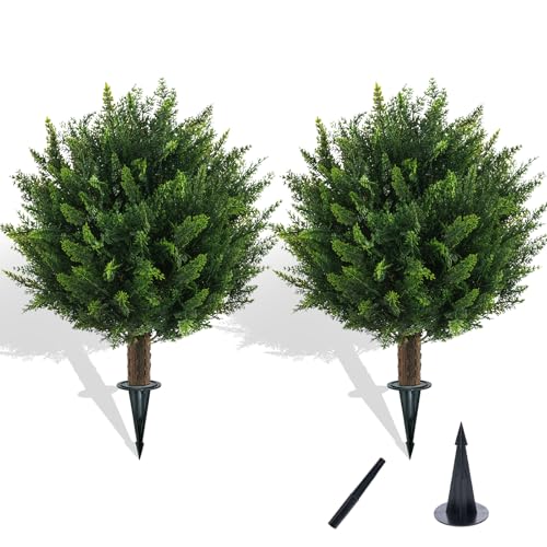 Chillchard 21" Artificial Cypress Topiary Outdoor Plants with Spike, 2 Pack Faux Cedar Bushes UV Resistant Fake Shrubs for Front Porch Décor - Image 1