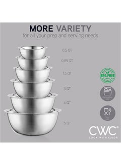 COOK WITH COLOR COOK WITH COLOR Stainless Steel Mixing Bowls Set - Nesting Bowls with Non-Slip Bottom and Easy-Grip Handles, Silver, 6 Pieces  - Image 2