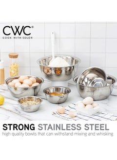 COOK WITH COLOR COOK WITH COLOR Stainless Steel Mixing Bowls Set - Nesting Bowls with Non-Slip Bottom and Easy-Grip Handles, Silver, 6 Pieces  - Image 4