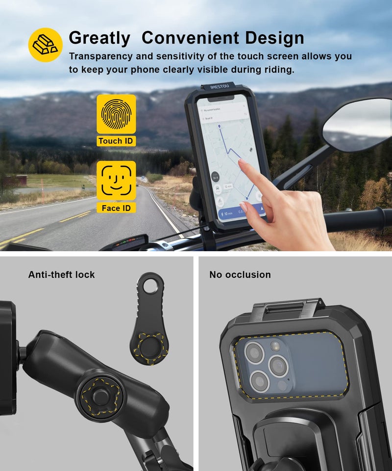 iMESTOU Anti-Theft Waterproof Motorcycle Phone Holder Bike Phone Mount 1" Ball Handlebar Stem Mobile Holder with Double Socket Arms 720° Rotation Aluminium Base for 5.5"-6.8" Cellphones (L) - Image 3