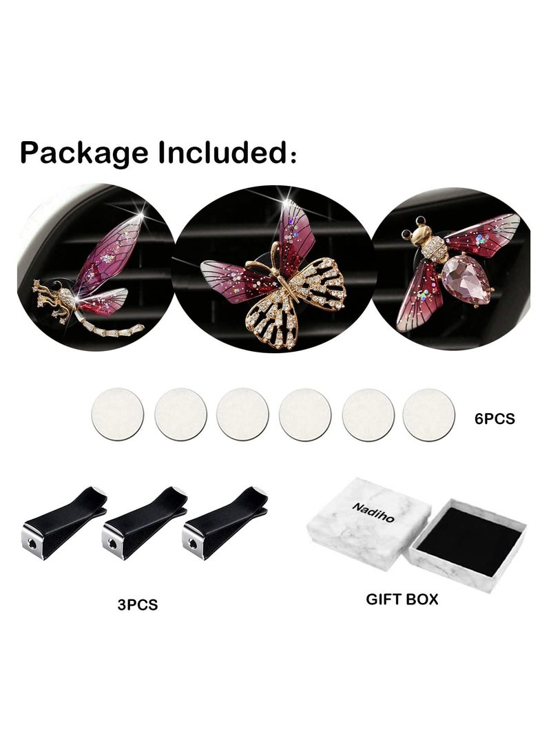 Bling Heart Air Vent Clips Set of 3 Bee Butterfly Dragonfly Car Fresheners Rhinestone Car Decor Cute Interior Accessories for Women - Image 3