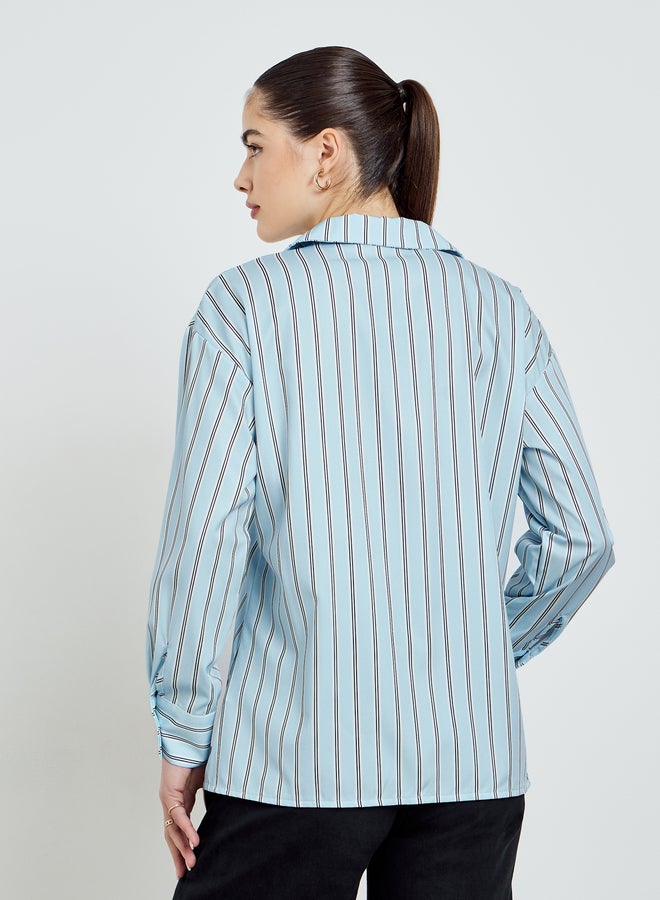 Styli Blue Striped Oversized Shirt with Floral Detail - Image 5