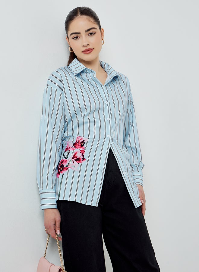 Styli Blue Striped Oversized Shirt with Floral Detail - Image 1