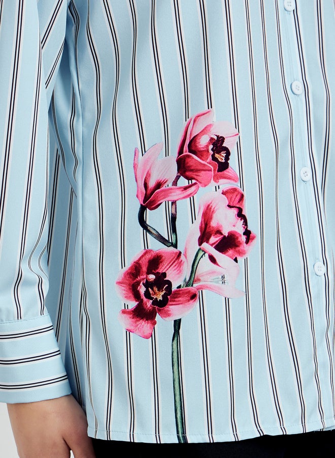 Styli Blue Striped Oversized Shirt with Floral Detail - Image 4