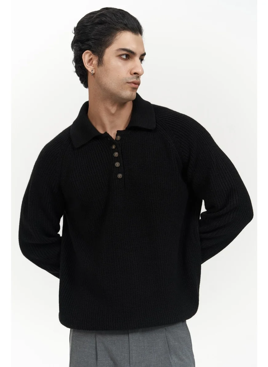 Mai Collection Vander Button Detail Black Men's Knitwear Sweater