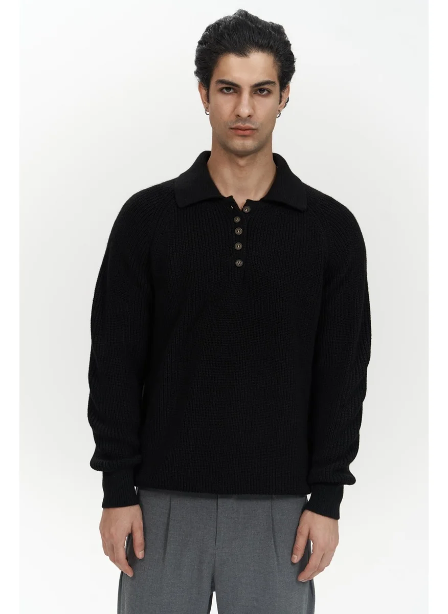Mai Collection Vander Button Detail Black Men's Knitwear Sweater