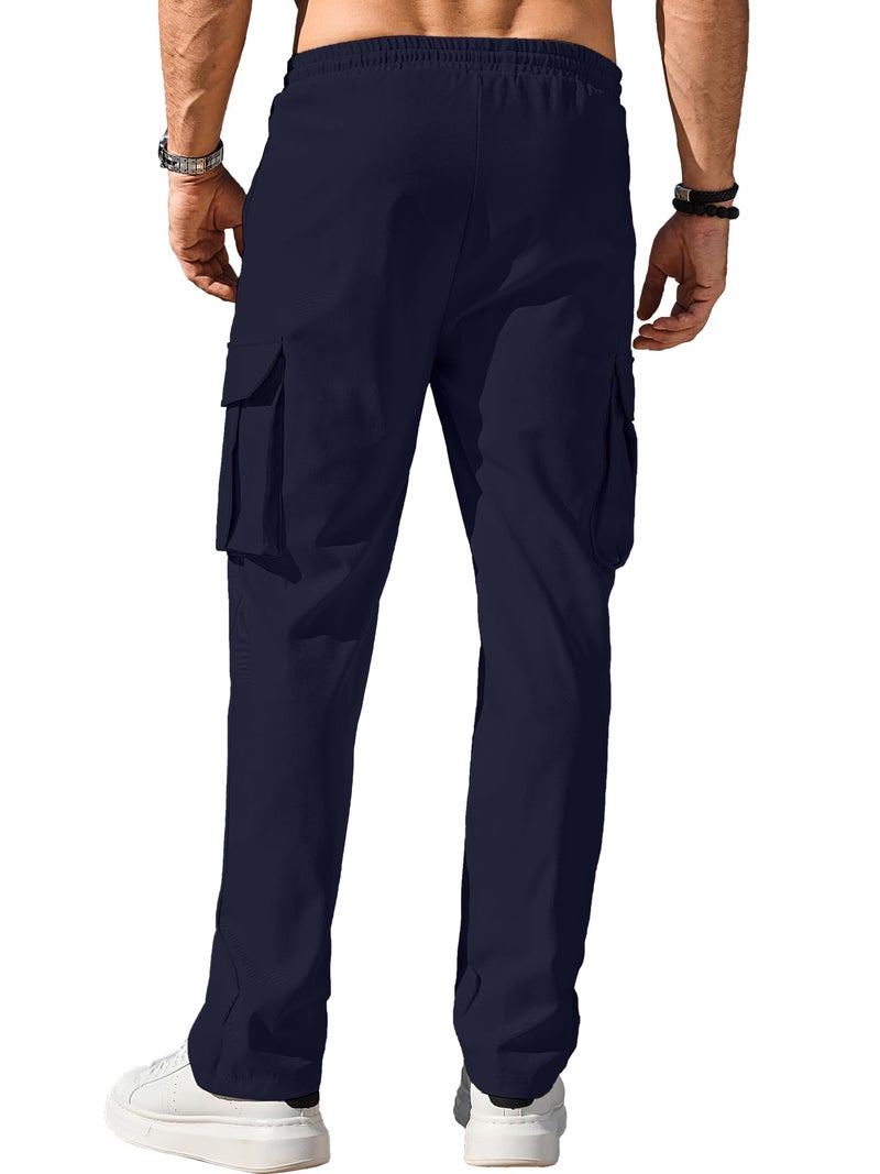 Comdecevis Men's Casual Cargo Pants Workout Joggers Stretch Sweatpants Hiking Drawstring Tactical Pants with Multi Pockets Blue - Image 4