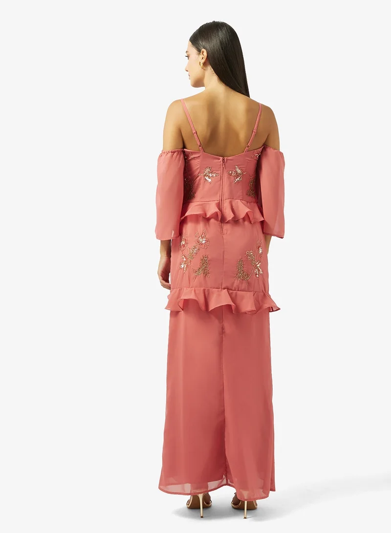 Maya Embellished Cold Shoulder Ruffle Maxi