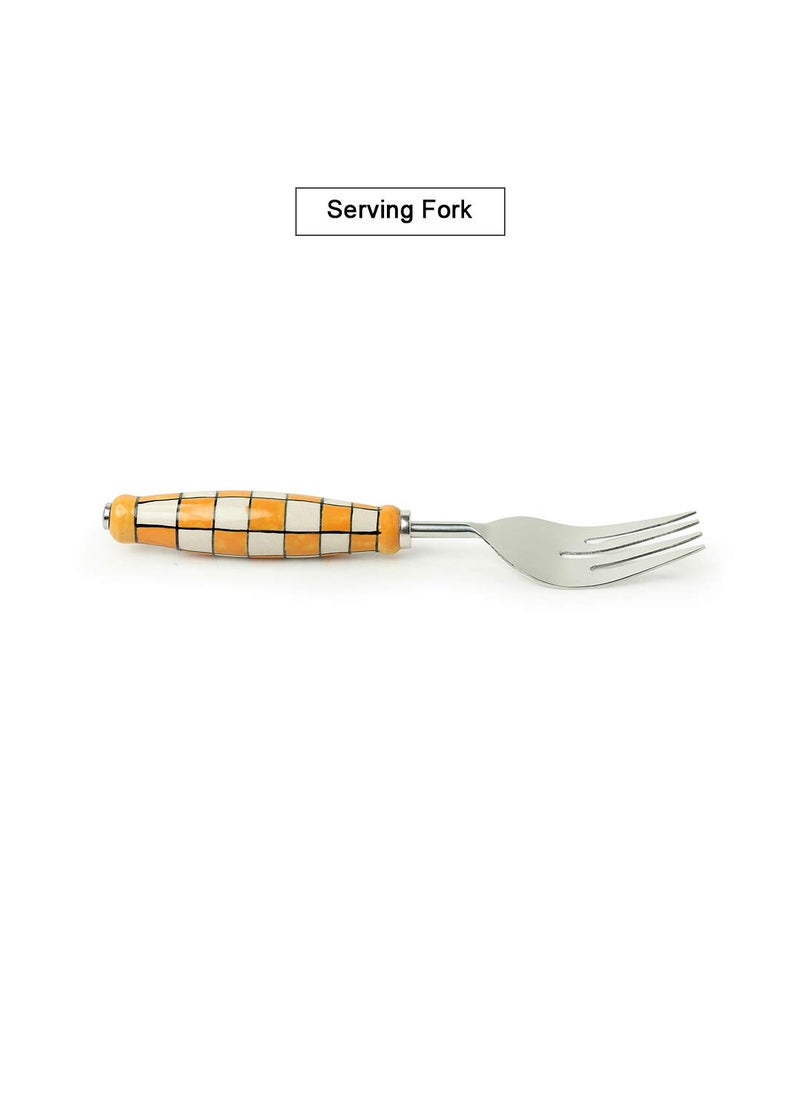 ExclusiveLane - ExclusiveLane Shatranj Check Handpainted Ceramic Serving Fork Cake Scraper in Stainless Steel Ceramic Set of 2 Salad Server Pasta Server Noodle Serving Spoon Set for Dining Table Serveware - Image 1