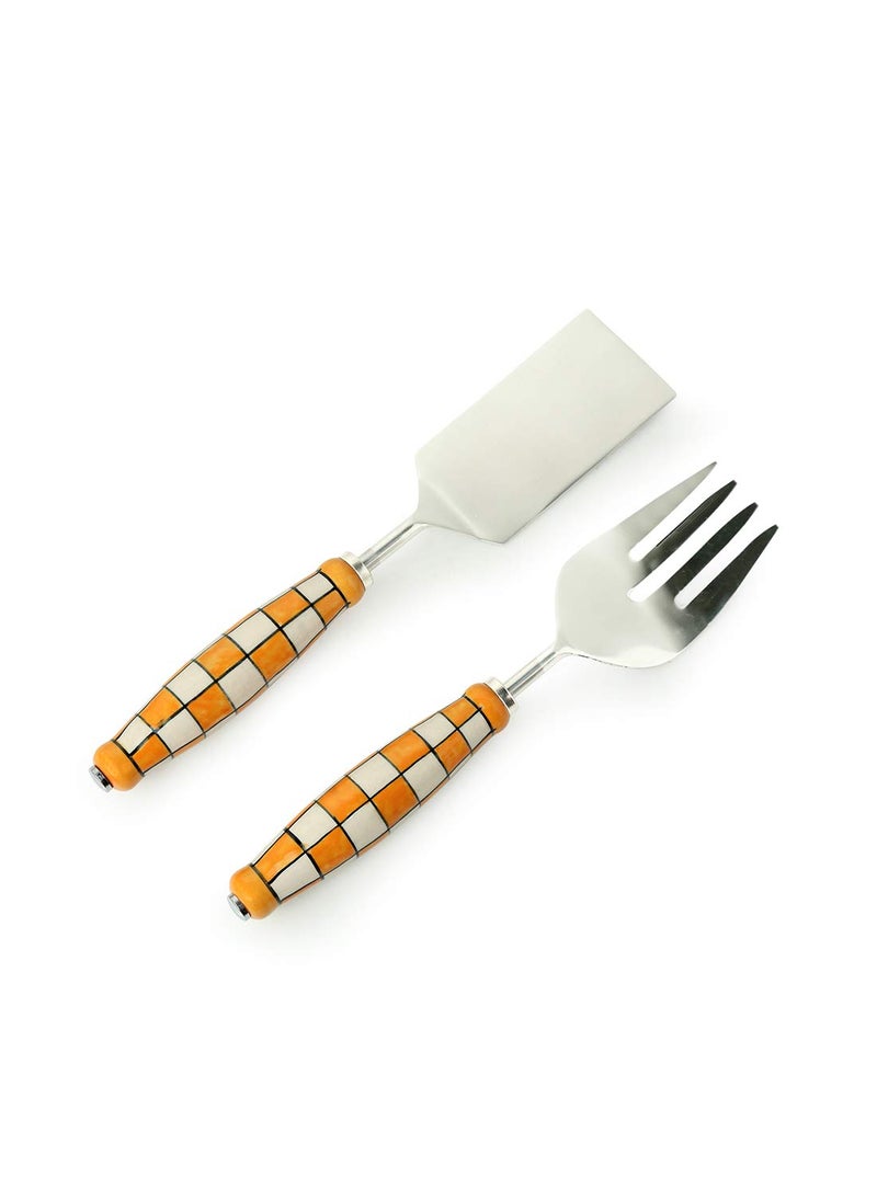 ExclusiveLane - ExclusiveLane Shatranj Check Handpainted Ceramic Serving Fork Cake Scraper in Stainless Steel Ceramic Set of 2 Salad Server Pasta Server Noodle Serving Spoon Set for Dining Table Serveware - Image 1