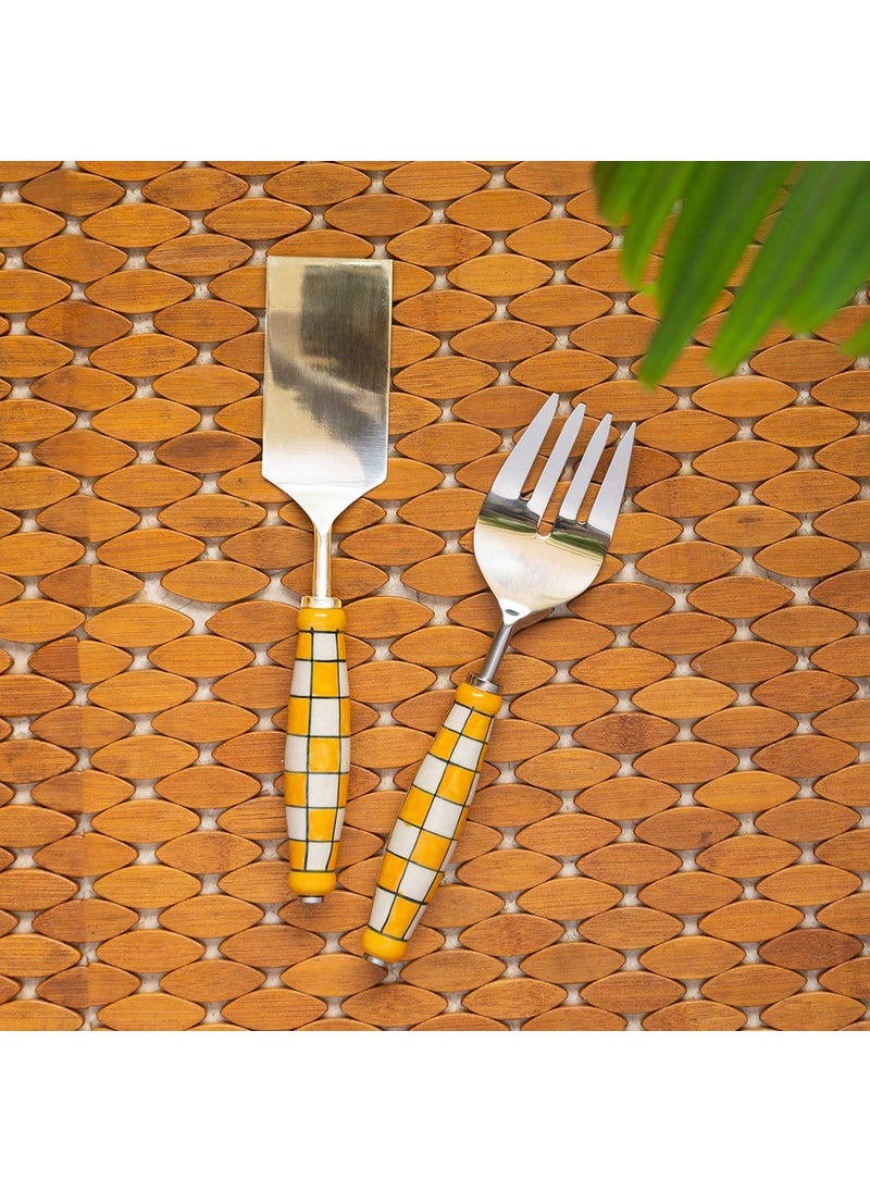 ExclusiveLane - ExclusiveLane Shatranj Check Handpainted Ceramic Serving Fork Cake Scraper in Stainless Steel Ceramic Set of 2 Salad Server Pasta Server Noodle Serving Spoon Set for Dining Table Serveware - Image 1