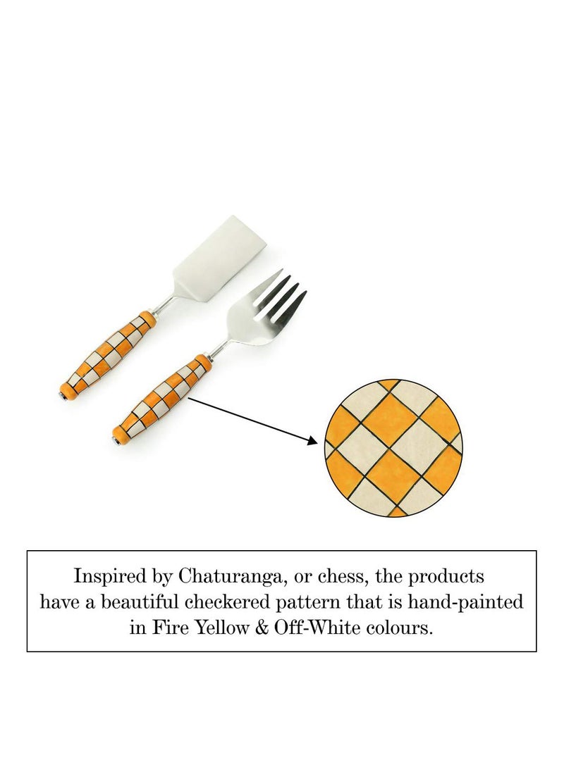 ExclusiveLane - ExclusiveLane Shatranj Check Handpainted Ceramic Serving Fork Cake Scraper in Stainless Steel Ceramic Set of 2 Salad Server Pasta Server Noodle Serving Spoon Set for Dining Table Serveware - Image 1