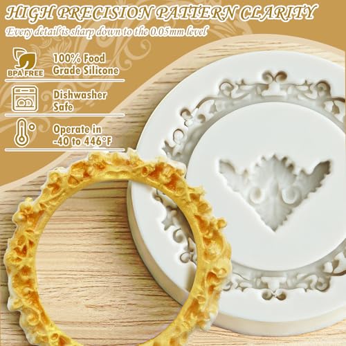 HKNMTT Picture Frame Molds Silicone Baroque Vintage for Fondant Candy Clay Covered Oreo Cake Photo Decorating Cupcake Toppers, 4 Shaped Round Square Frame Moulds Craft DIY Supplies Set - Image 3