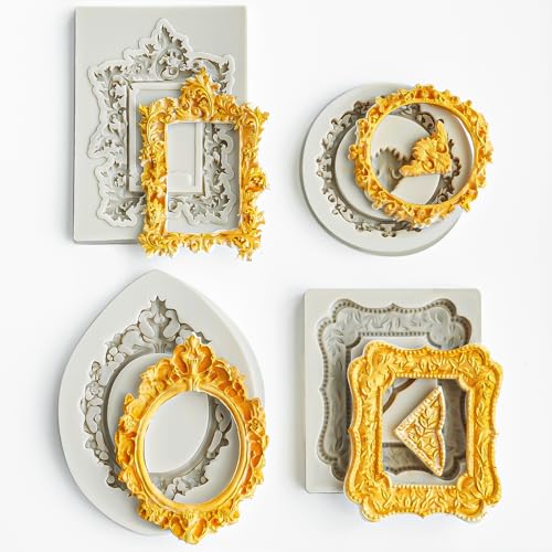HKNMTT Picture Frame Molds Silicone Baroque Vintage for Fondant Candy Clay Covered Oreo Cake Photo Decorating Cupcake Toppers, 4 Shaped Round Square Frame Moulds Craft DIY Supplies Set - Image 1