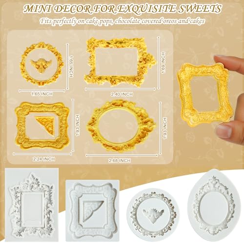 HKNMTT Picture Frame Molds Silicone Baroque Vintage for Fondant Candy Clay Covered Oreo Cake Photo Decorating Cupcake Toppers, 4 Shaped Round Square Frame Moulds Craft DIY Supplies Set - Image 2