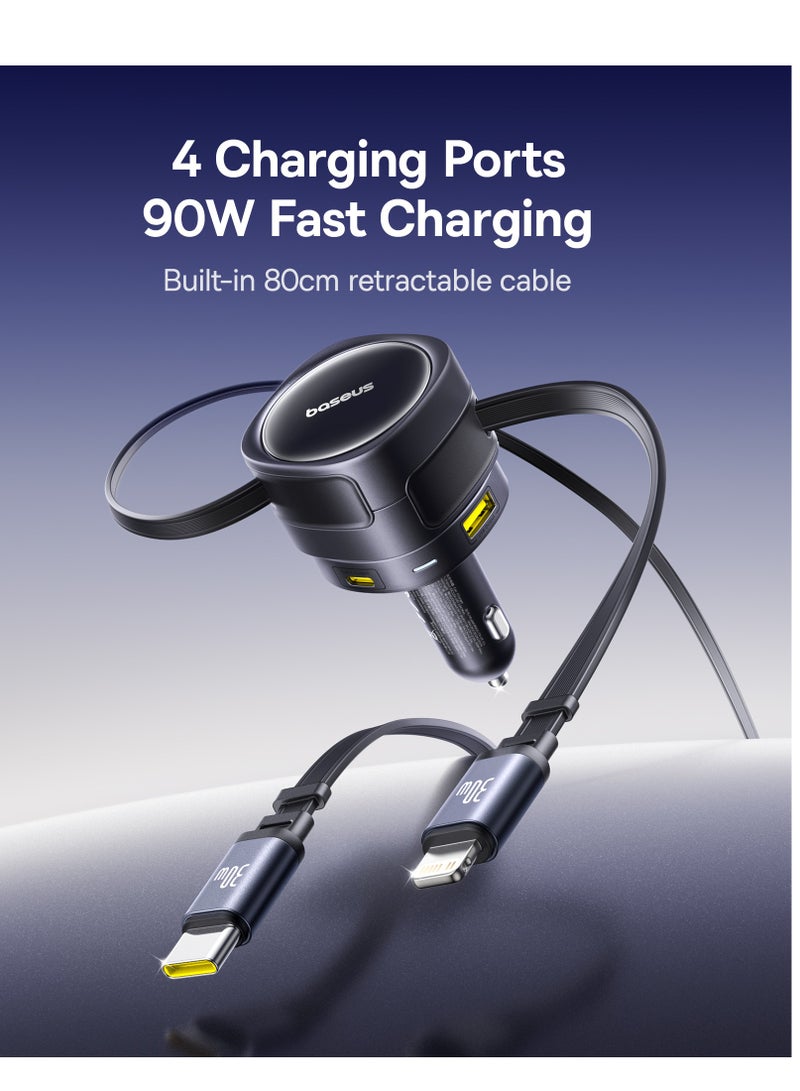 Baseus 90W 4-in-1 Car Charger With Built-in Retractable Fast Charging USB-C And Lightning Cables – 180° Vertical Rotation, PD A QC 3.0 Car Charging Adapter With Dual USB-C, Lightning And USB-A Outputs – Compatible With iPhone 16/15/14 Pro Max, Samsung S25 Ultra, Android, iPad, Tablets And More Devices - 90W- Black - Image 2