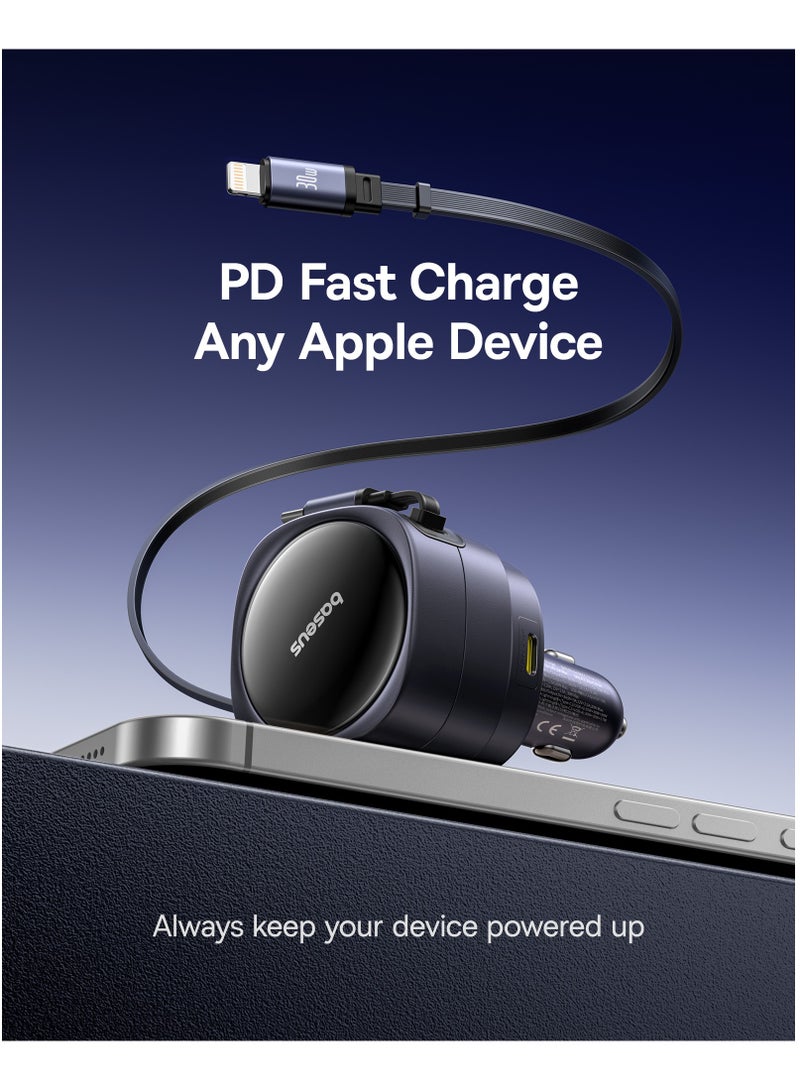 Baseus 90W 4-in-1 Car Charger With Built-in Retractable Fast Charging USB-C And Lightning Cables – 180° Vertical Rotation, PD A QC 3.0 Car Charging Adapter With Dual USB-C, Lightning And USB-A Outputs – Compatible With iPhone 16/15/14 Pro Max, Samsung S25 Ultra, Android, iPad, Tablets And More Devices - 90W- Black - Image 5