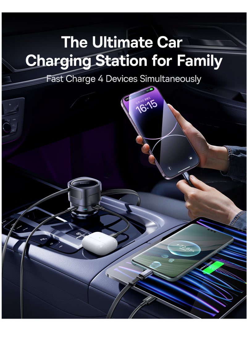 Baseus 90W 4-in-1 Car Charger With Built-in Retractable Fast Charging USB-C And Lightning Cables – 180° Vertical Rotation, PD A QC 3.0 Car Charging Adapter With Dual USB-C, Lightning And USB-A Outputs – Compatible With iPhone 16/15/14 Pro Max, Samsung S25 Ultra, Android, iPad, Tablets And More Devices - 90W- Black - Image 4