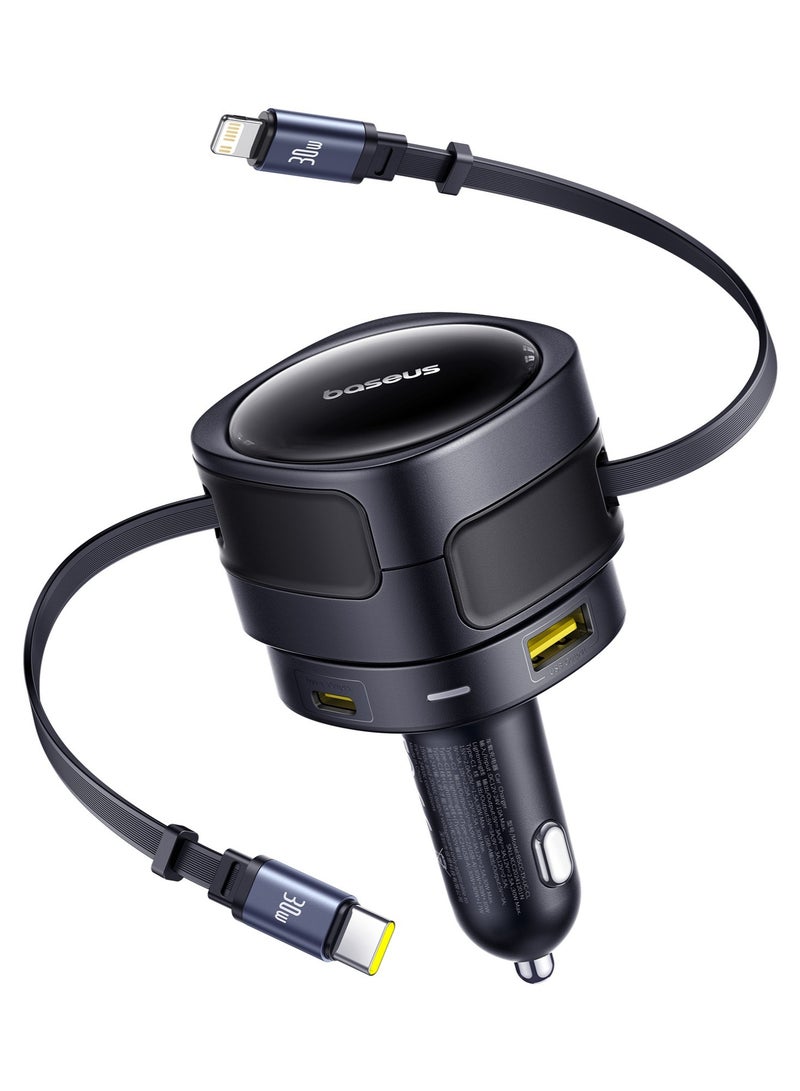 Baseus 90W 4-in-1 Car Charger With Built-in Retractable Fast Charging USB-C And Lightning Cables – 180° Vertical Rotation, PD A QC 3.0 Car Charging Adapter With Dual USB-C, Lightning And USB-A Outputs – Compatible With iPhone 16/15/14 Pro Max, Samsung S25 Ultra, Android, iPad, Tablets And More Devices - 90W- Black - Image 1