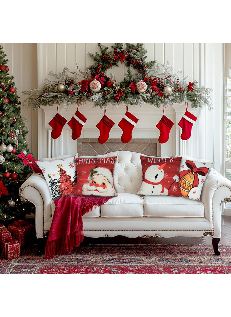 Mocsicka Mocsicka Christmas Pillow Covers Santa Snowman Decorative Throw Pillow Cover Outdoor Polyester Cushion Cases for Farmhouse Sofa Couch Set of 4 (Red  18x18 inch)  - Image 5
