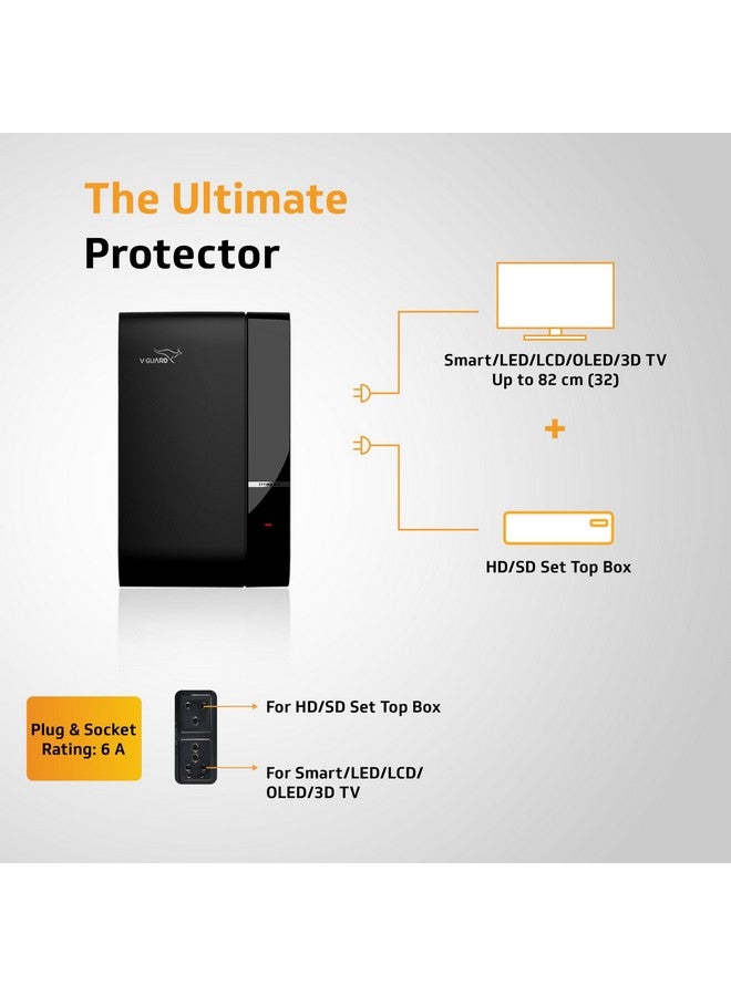V-GUARD م stabilizer V-Guard Effino 1.3 TV | مناسب للتلفزيونات الذكية حتى 82 سم (32) + جهاز الاستقبال، نظام المسرح المنزلي/وحدة التحكم في الألعاب | سعة 1.3 أمبير | شاشة LED ثنائية اللون | ضمان 2 سنة | أسود - Image 2