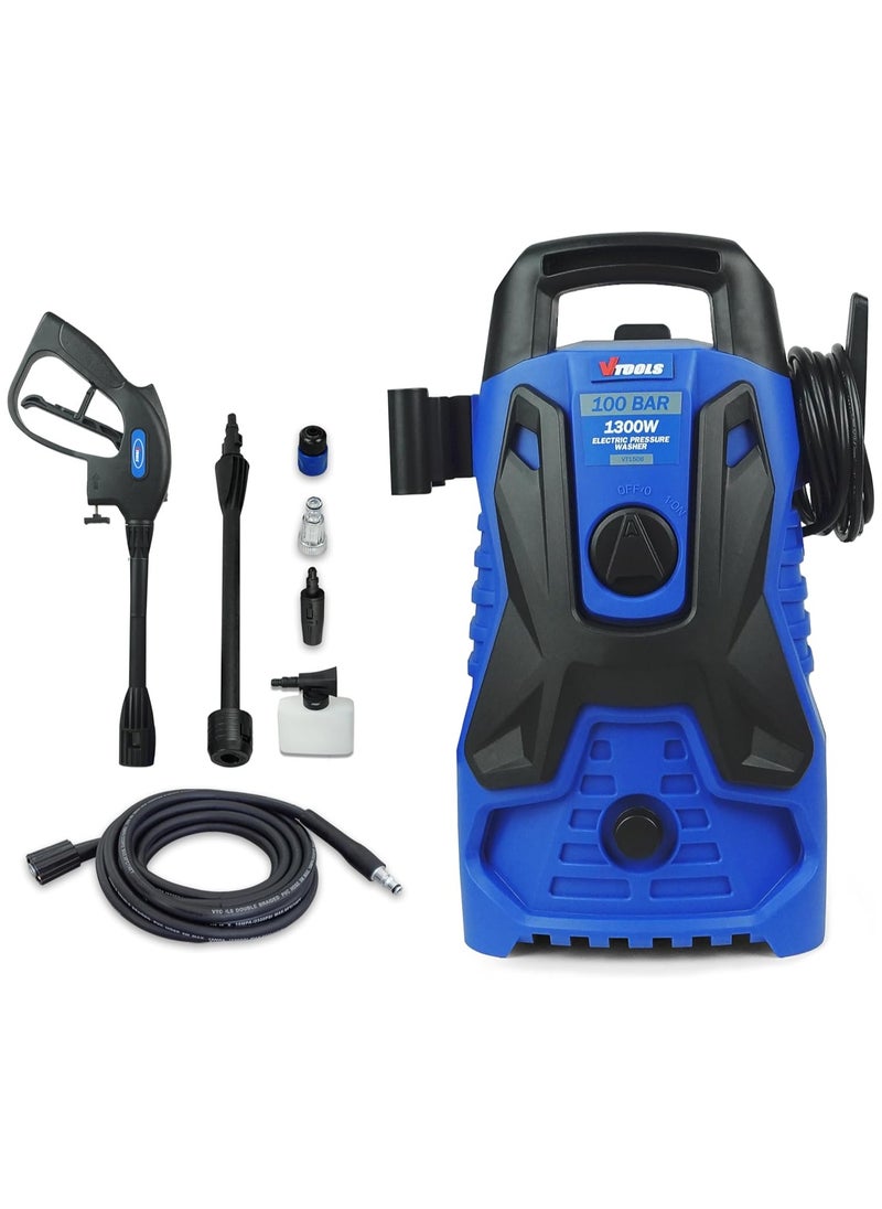 VTOOLS 100 Bar Electric Pressure Washer With 2 Wheels,5 Meter Hose & Soap Dispenser, 1300 Watt, Auto Stop and Self Priming Mode, For Car, Home & Garden  - Image 1