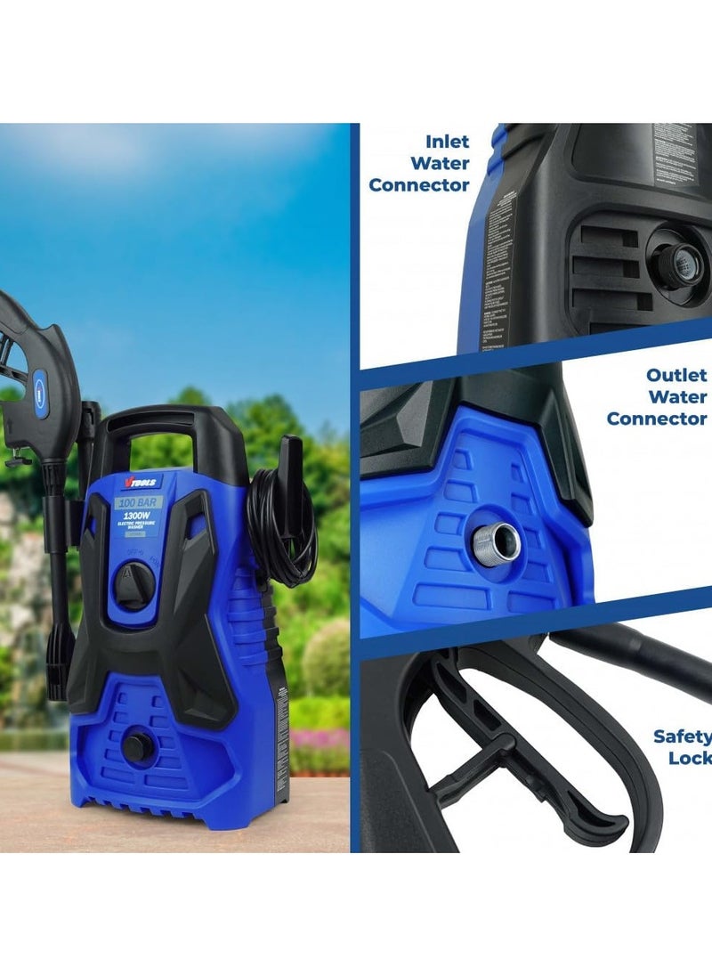 VTOOLS 100 Bar Electric Pressure Washer With 2 Wheels,5 Meter Hose & Soap Dispenser, 1300 Watt, Auto Stop and Self Priming Mode, For Car, Home & Garden  - Image 4