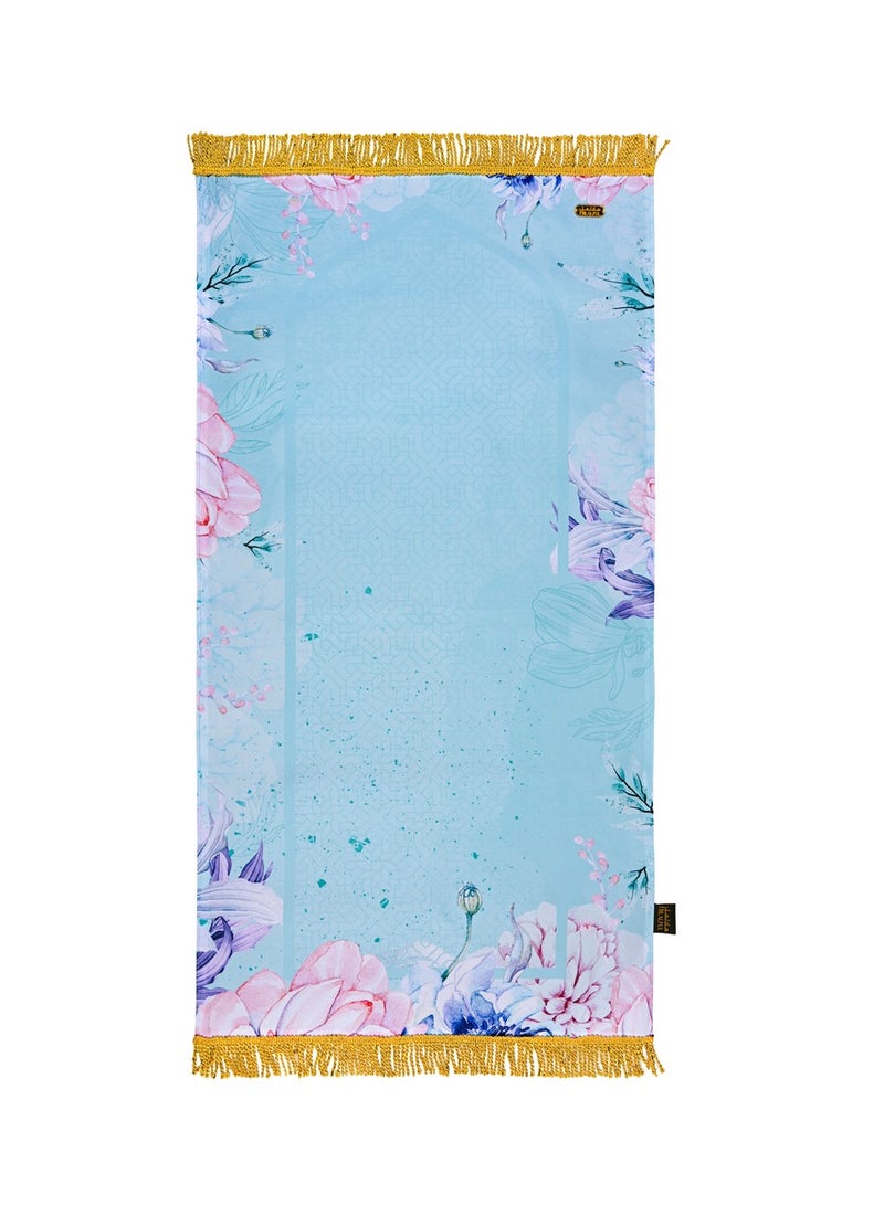 Hilalful HilalFul Golden Tassel Charming Blue Prayer Mat | Muslim Pray Rug for Women | Water Resistant | Anti-Slip | Islamic Gift for Eid, Ramadan | For Travel | Portable And Lightweight | Soft Canvas Fabric  - Image 1