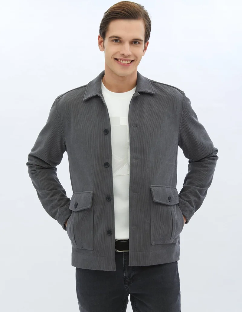 Kip Grey Corduroy Regular Fit Woven Velvet Overshirt