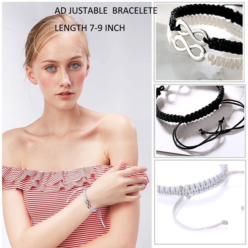 RINHOO 2PC/Set Stainless Steel 8 Infinity Couple Bracelet Braided Leather Rope Bangle Wrist Adjustable Chain Fit 7-9 Inch for Lover Friendship (2PC Black) - Image 4