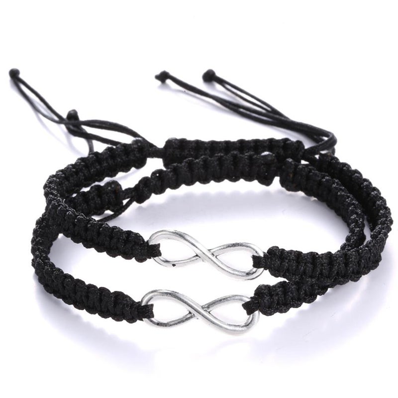 RINHOO 2PC/Set Stainless Steel 8 Infinity Couple Bracelet Braided Leather Rope Bangle Wrist Adjustable Chain Fit 7-9 Inch for Lover Friendship (2PC Black) - Image 1
