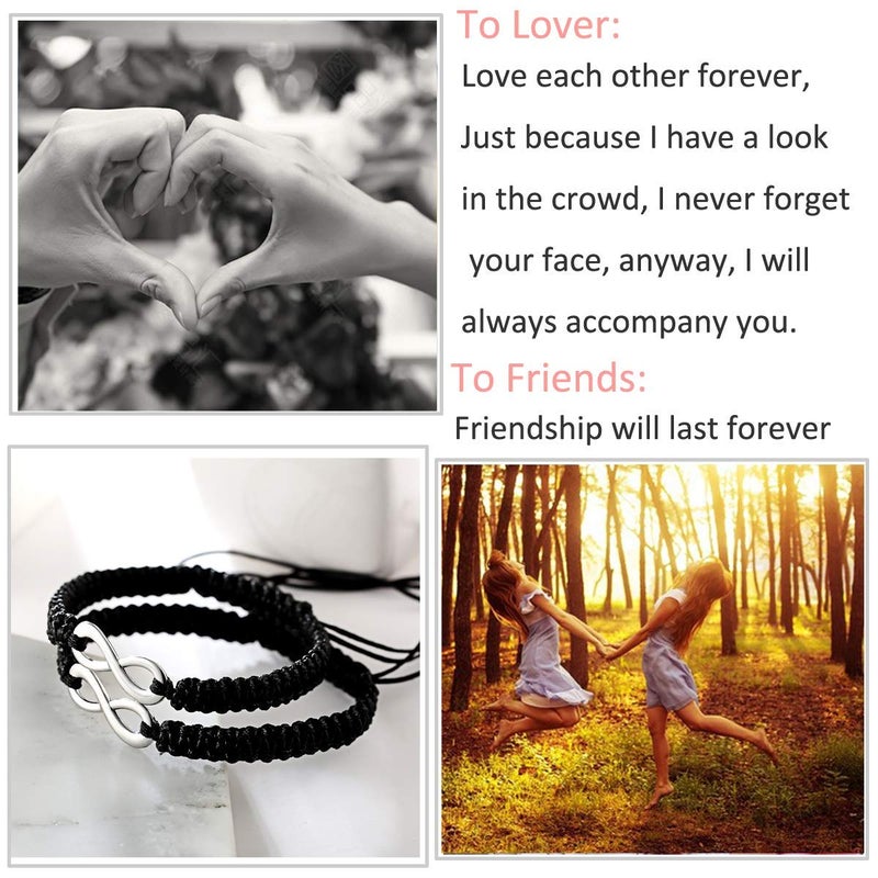 RINHOO 2PC/Set Stainless Steel 8 Infinity Couple Bracelet Braided Leather Rope Bangle Wrist Adjustable Chain Fit 7-9 Inch for Lover Friendship (2PC Black) - Image 3