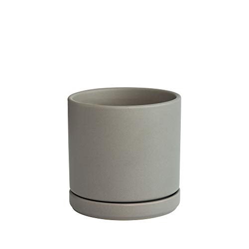 D'vine Dev 6 Inch Ceramic Planter Pot with Drainage Hole and Saucer, Indoor Cylinder Round Flower Pot, Grey, 94-O-C-3 - Image 1