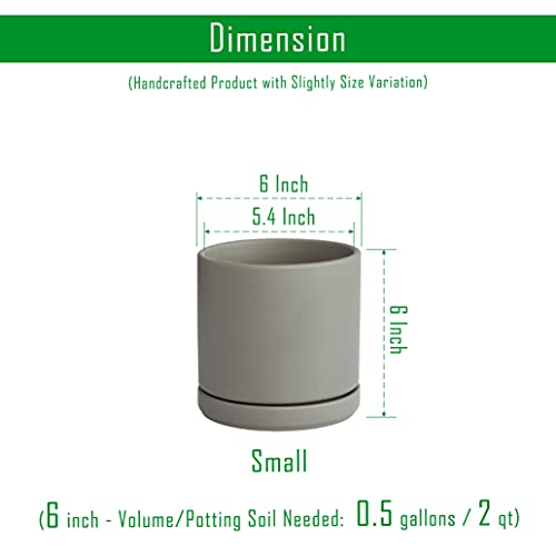 D'vine Dev 6 Inch Ceramic Planter Pot with Drainage Hole and Saucer, Indoor Cylinder Round Flower Pot, Grey, 94-O-C-3 - Image 3